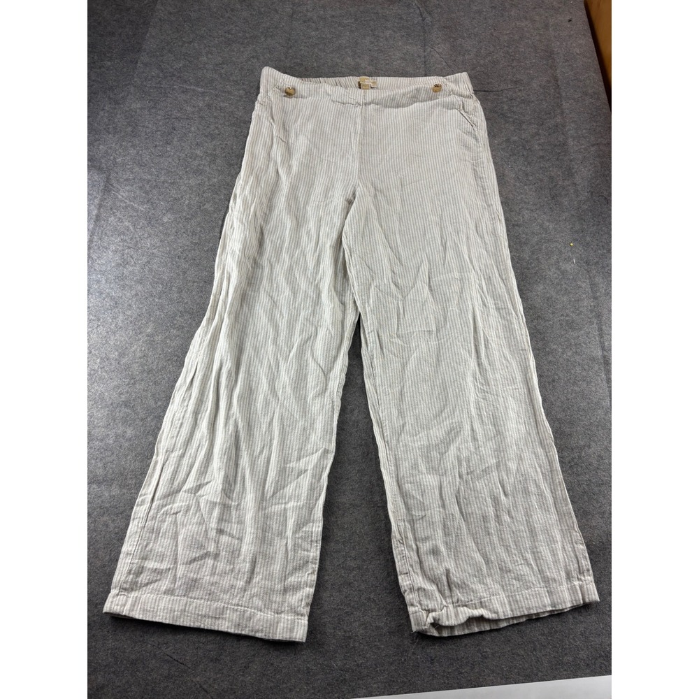 Michael Kors Striped Wide Leg Linen Blend Pants Beige White Gold Button Size L